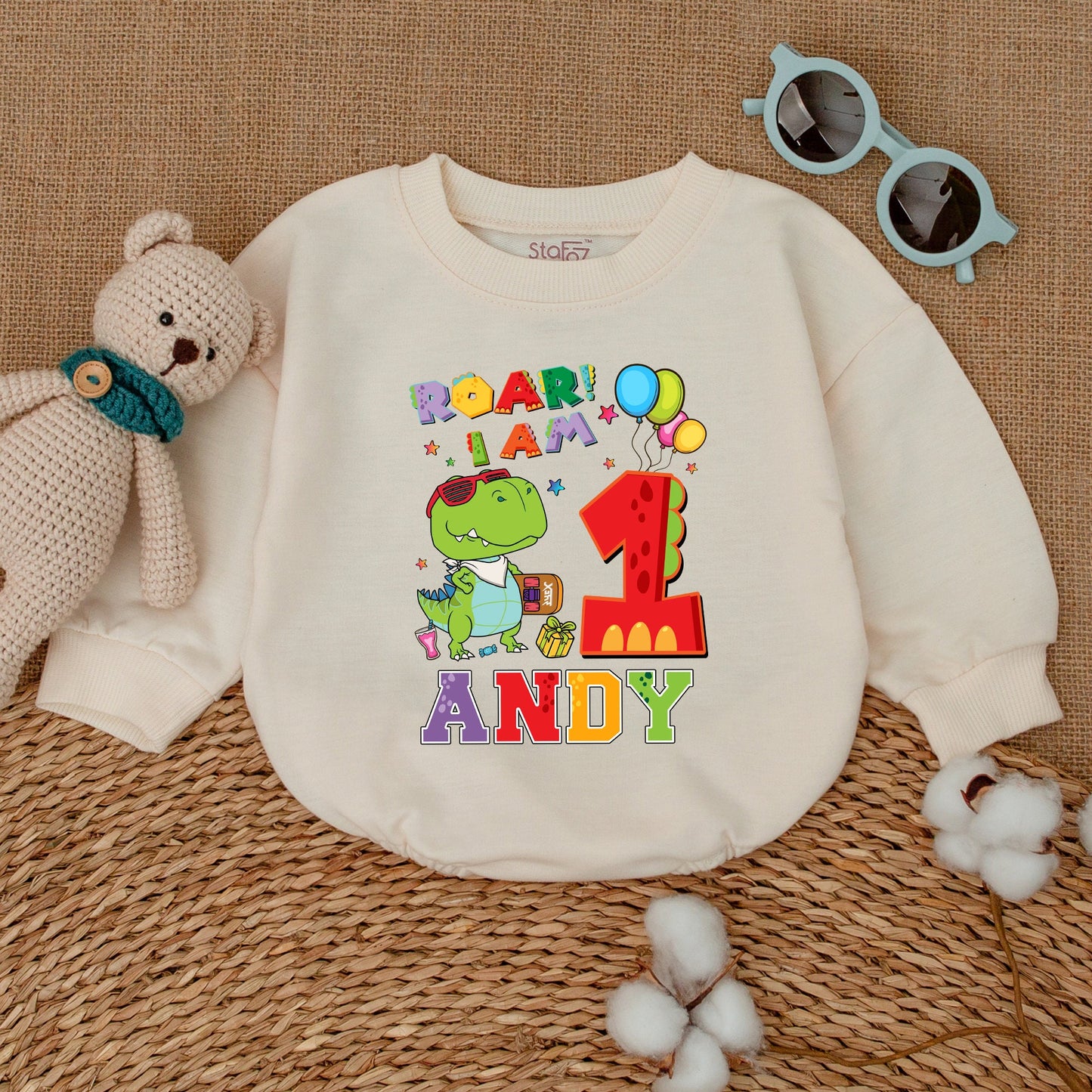 Personalized Roar I Am One First Birthday Dinosaur Romper with Cool Cartoon Dino Design Vibrant Baby Boy Girl Infant Cake Smash Outfit Comfortable
