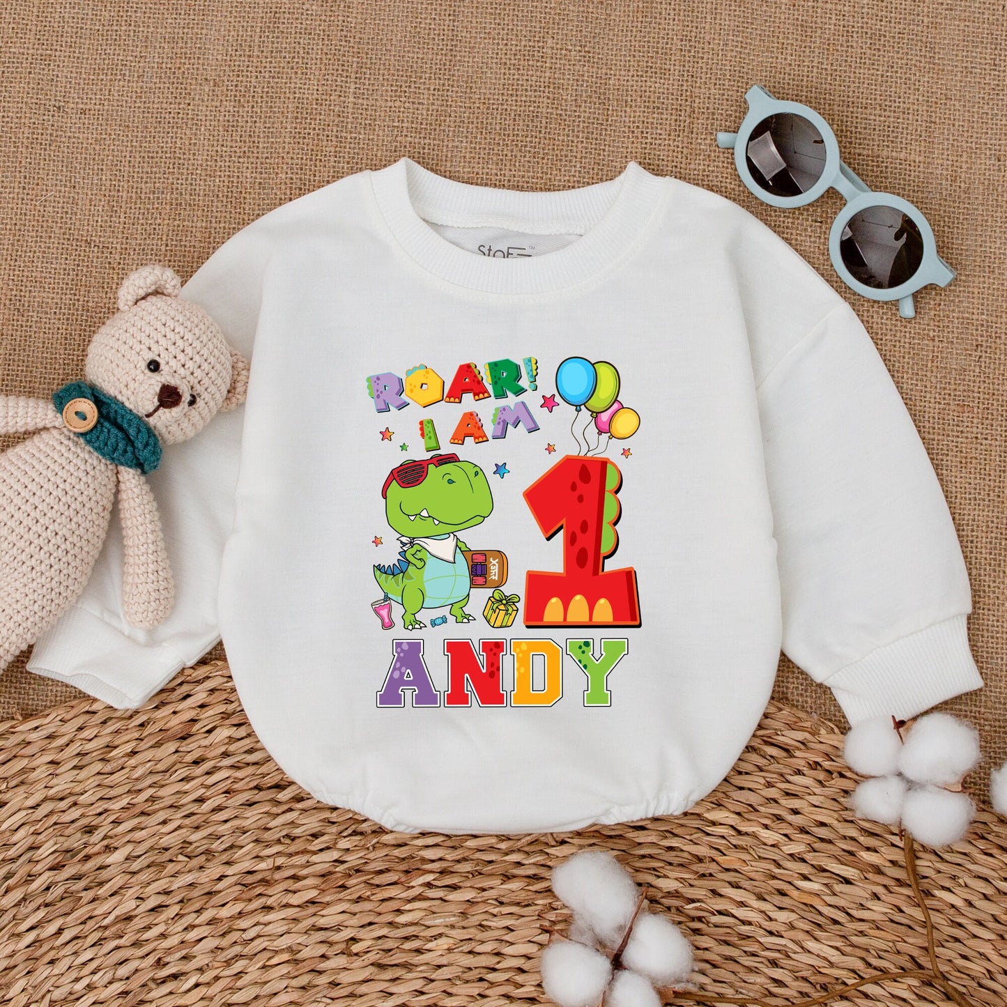 Personalized Roar I Am One First Birthday Dinosaur Romper with Cool Cartoon Dino Design Vibrant Baby Boy Girl Infant Cake Smash Outfit Comfortable