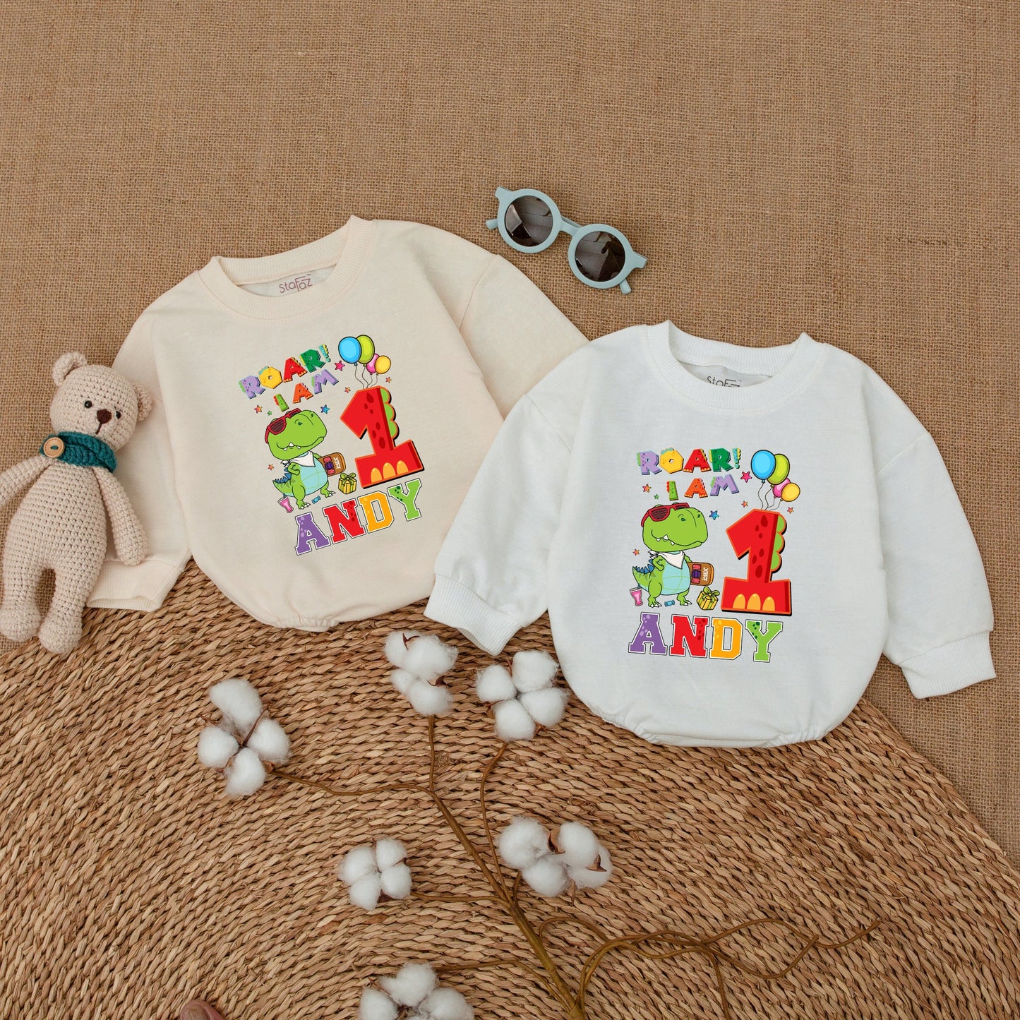 Personalized Roar I Am One First Birthday Dinosaur Romper with Cool Cartoon Dino Design Vibrant Baby Boy Girl Infant Cake Smash Outfit Comfortable