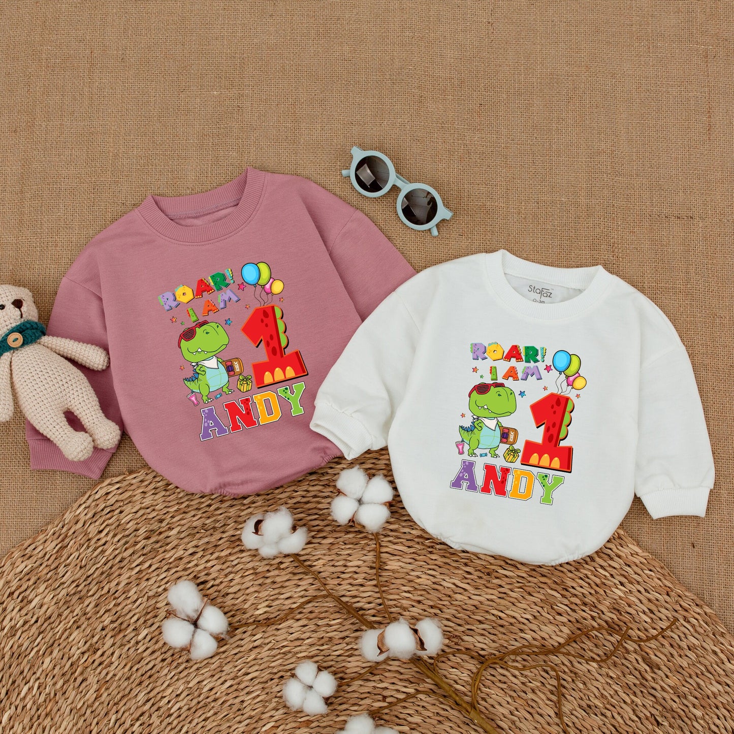 Personalized Roar I Am One First Birthday Dinosaur Romper with Cool Cartoon Dino Design Vibrant Baby Boy Girl Infant Cake Smash Outfit Comfortable
