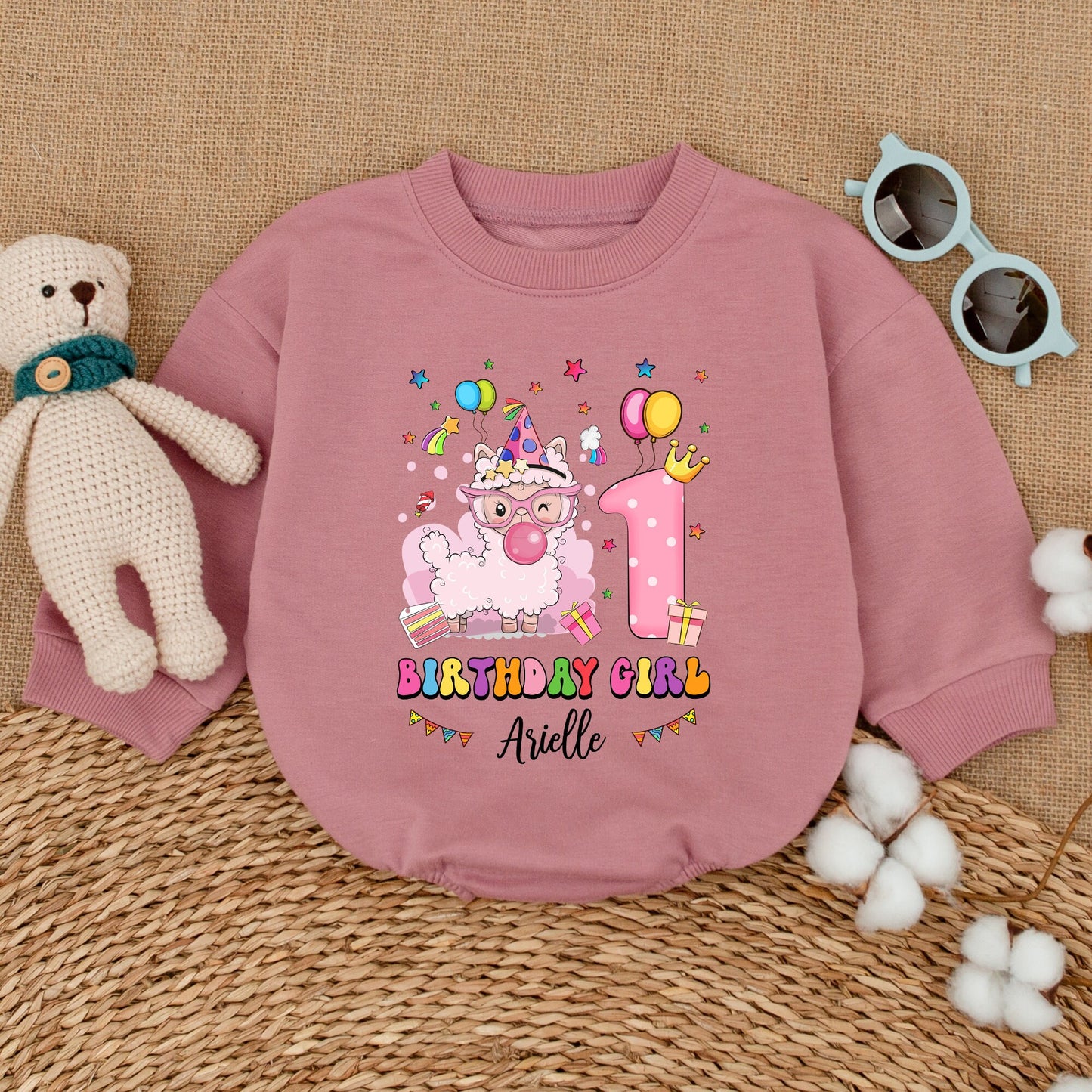 Personalized Pink Llama Birthday Girl First Birthday Romper with Crowned Number One & Name Arielle Cute Bubble Bodysuit Cake Smash Outfit