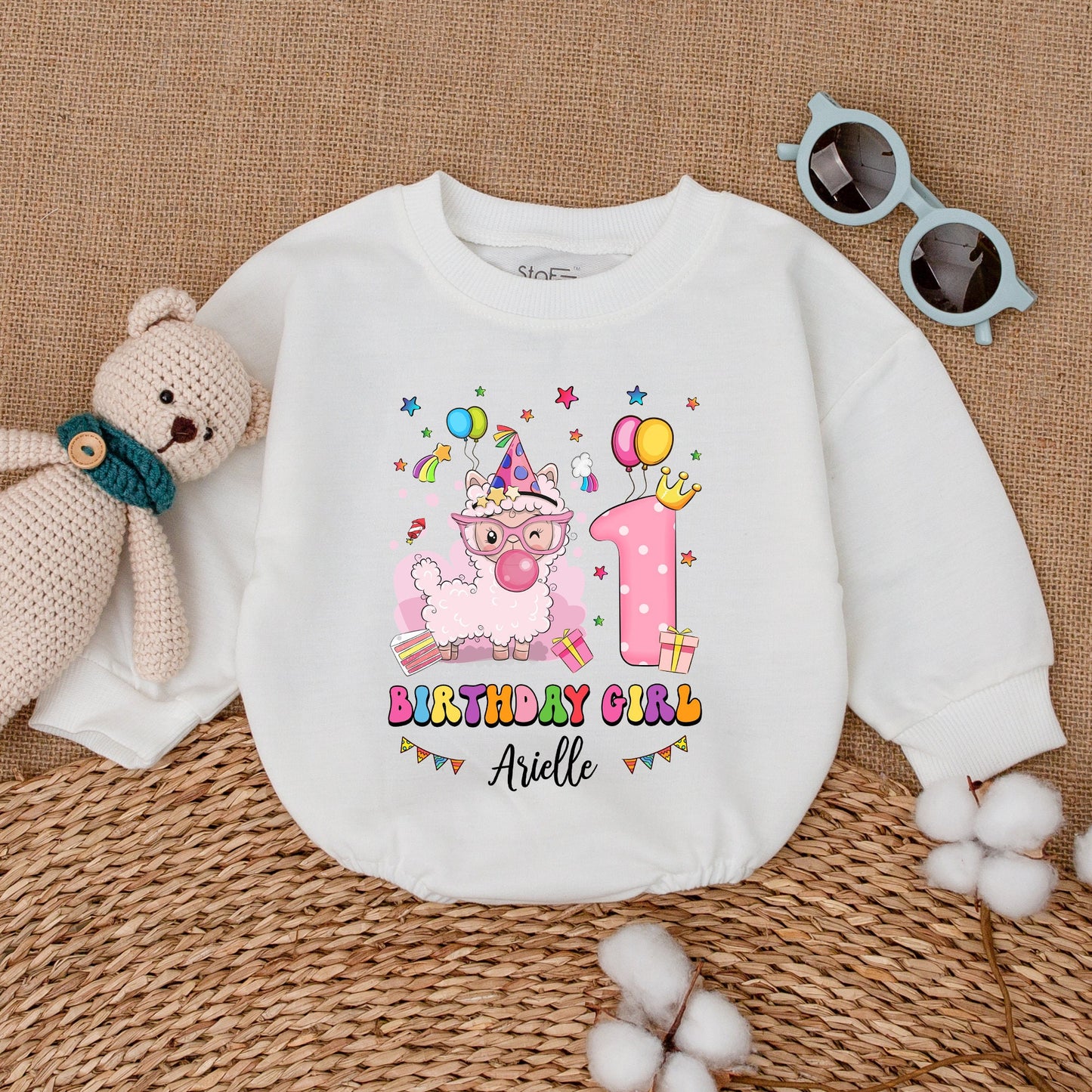 Personalized Pink Llama Birthday Girl First Birthday Romper with Crowned Number One & Name Arielle Cute Bubble Bodysuit Cake Smash Outfit