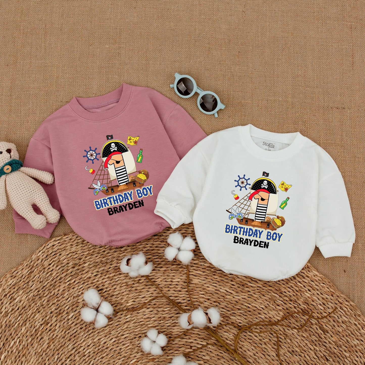 Personalized Pirate First Birthday Boy Romper featuring a Whimsical Cartoon One with Eye Patch Hat and Treasure Design Bodysuit