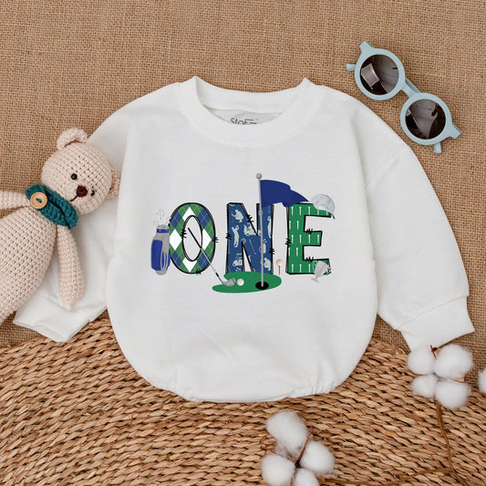 Baby Boy Golf Hole in One First Birthday Romper Outfit Playful ONE Golfing Cake Smash Bubble Bodysuit Blue Green Plaid Newborn Infant Gift
