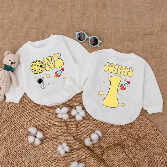 Personalized Space Astronaut 1st Birthday Bubble Romper Whimsical Rocket Stars Yellow Red Black Baby Bodysuit Outfit