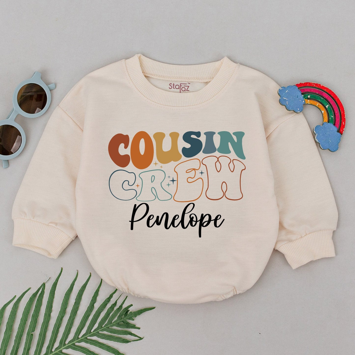 Personalized Cousin Crew Romper Retro 70s Style Infant Bodysuit Custom Name Bubbly Font Brown Orange Teal Starburst Family Reunion Gift