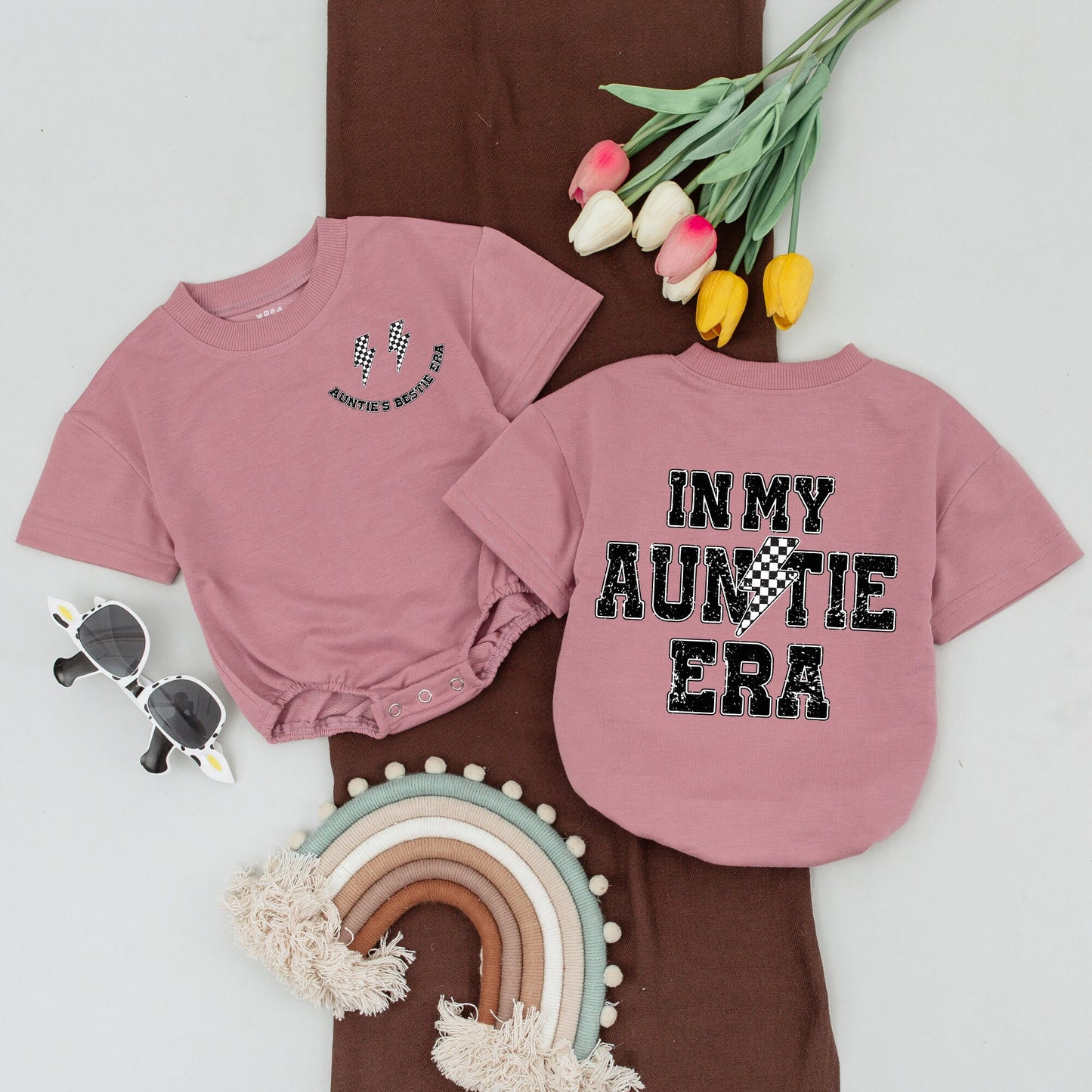 Cool Auntie Era Matching Outfit Auntie's Bestie Set Black White Distressed Design Trendy Lightning Bolt Newborn Girl Romper Baby Shower Gift