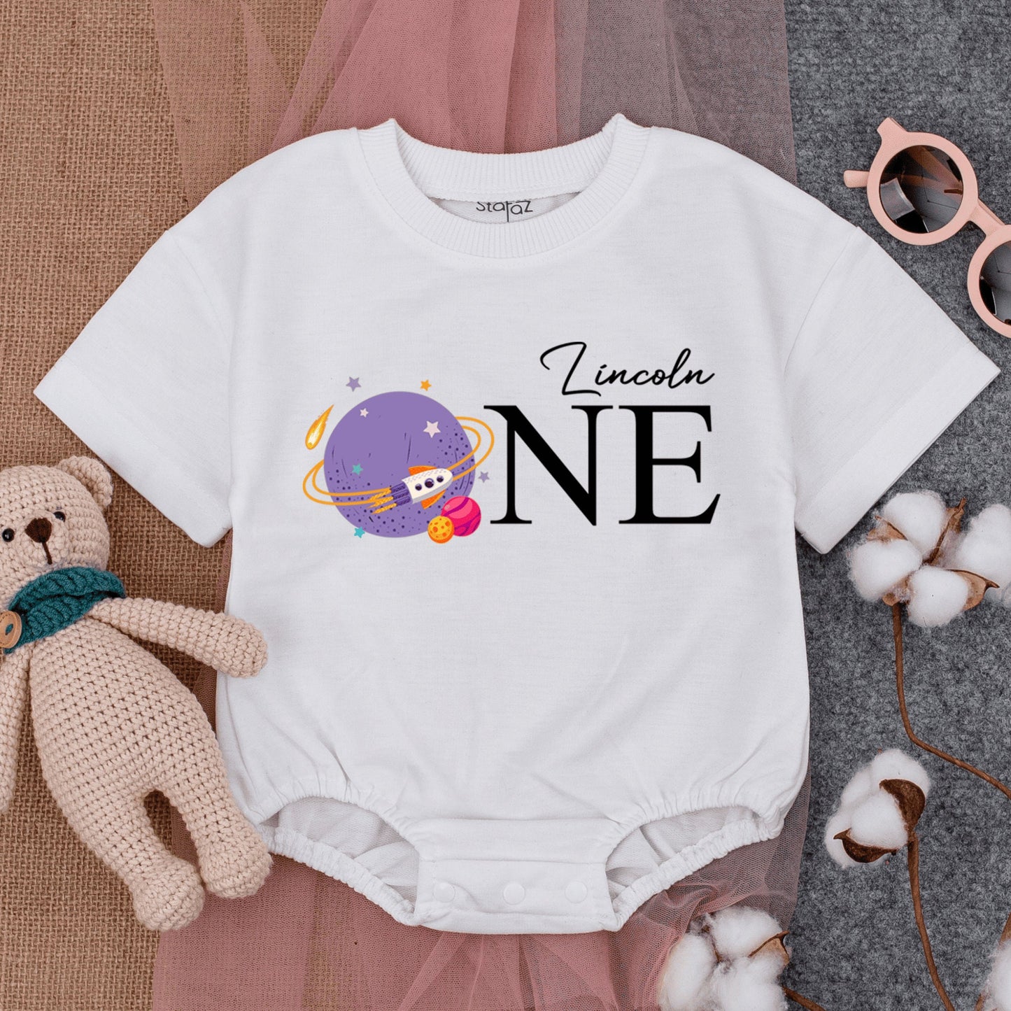 Custom Lincoln ONE Birthday Baby Romper Space Theme First Trip Around the Sun Outfit Planet Spaceship Cartoon Pastel Playful Infant Bodysuit Gift