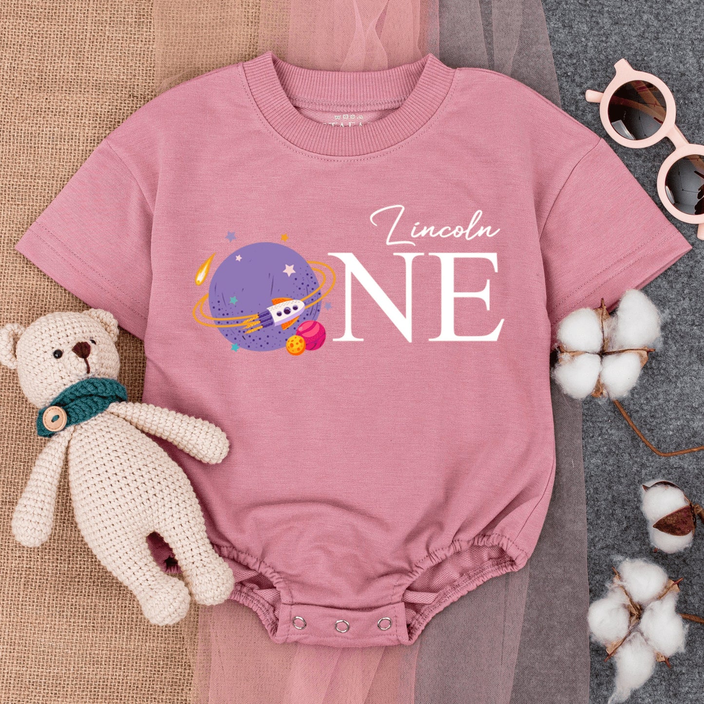 Custom Lincoln ONE Birthday Baby Romper Space Theme First Trip Around the Sun Outfit Planet Spaceship Cartoon Pastel Playful Infant Bodysuit Gift