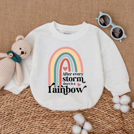 Sweet Muted Rainbow Baby Romper Bodysuit After Every Storm Quote Peach Teal Yellow Hearts Design Gender Neutral Infant Gift