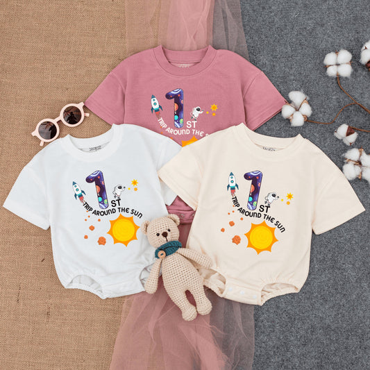 Baby Boy First Birthday Space Romper with Galaxy Number One Rocket Astronaut Design Trip Around the Sun Outfit Infant Bodysuit Clothes