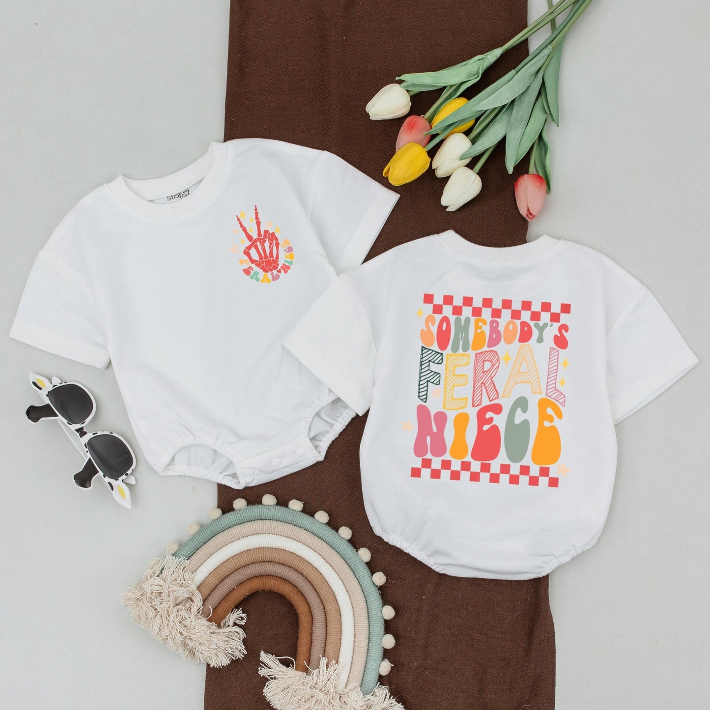 Feral Auntie & Niece Matching Outfits, Retro Playful Shirt & Romper Gift for Baby Girl Toddler, Checkered Multi-Colored Fun Whimsical Design