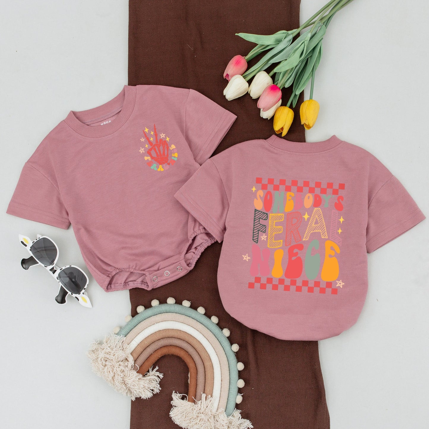 Feral Auntie & Niece Matching Outfits, Retro Playful Shirt & Romper Gift for Baby Girl Toddler, Checkered Multi-Colored Fun Whimsical Design