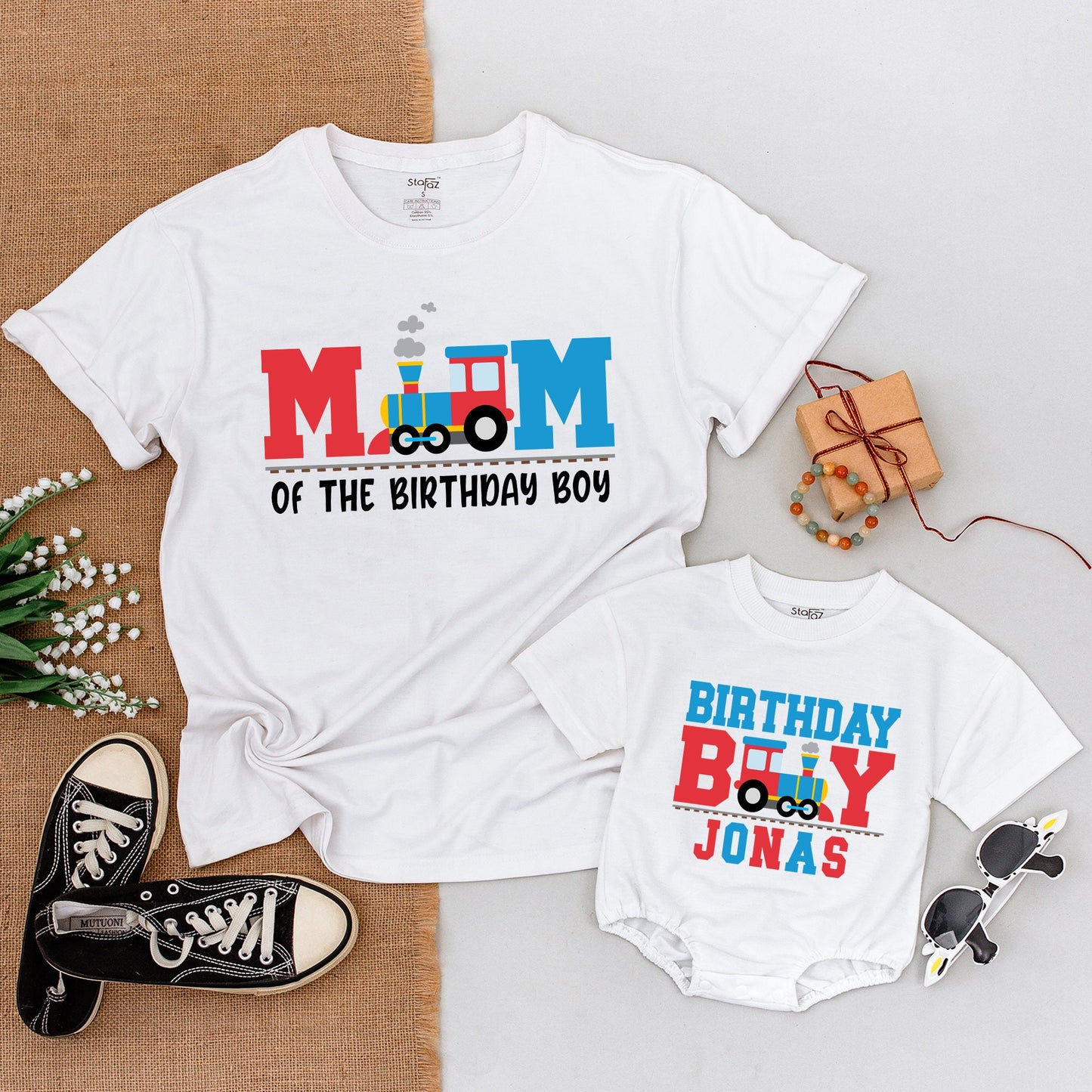 Personalized Matching Family Train Birthday Shirts Baby Boy Outfit Red Blue Cartoon Train Design First Year Celebration Gift