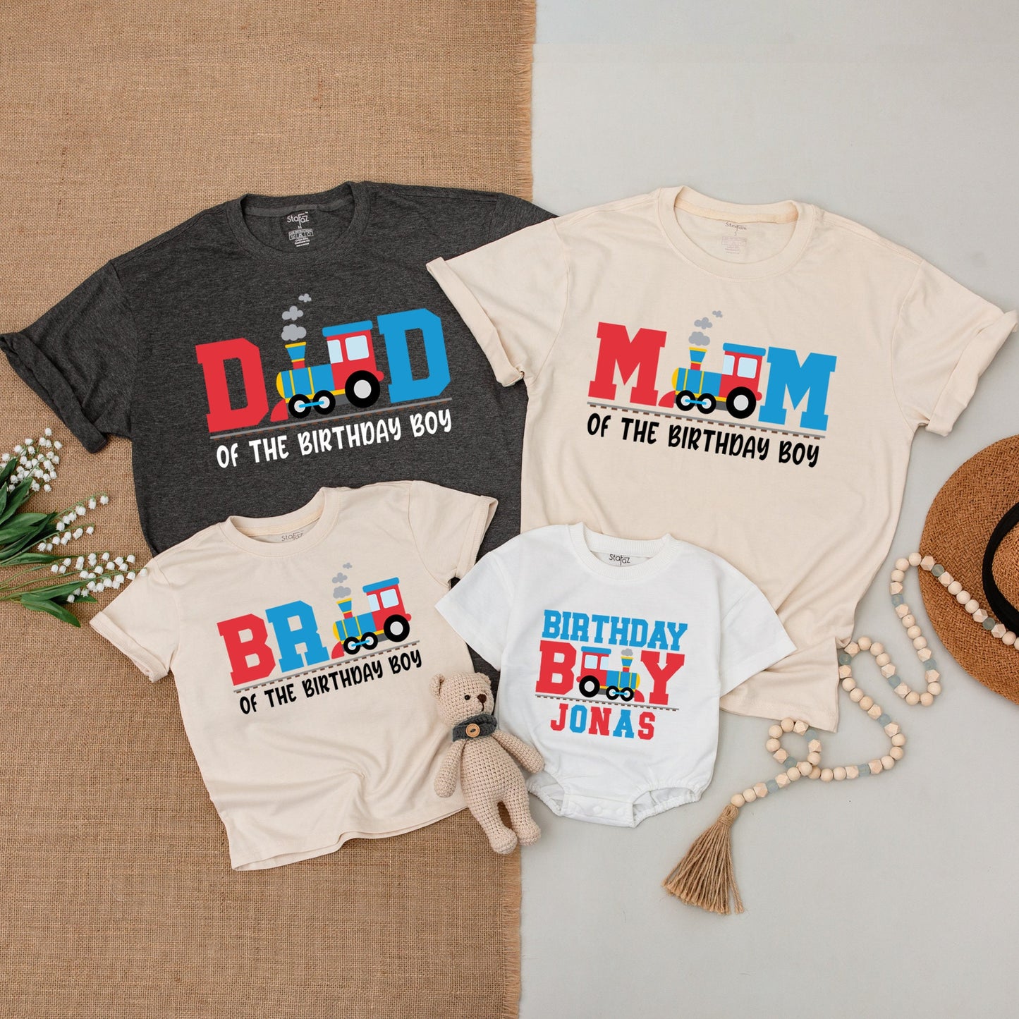 Personalized Matching Family Train Birthday Shirts Baby Boy Outfit Red Blue Cartoon Train Design First Year Celebration Gift