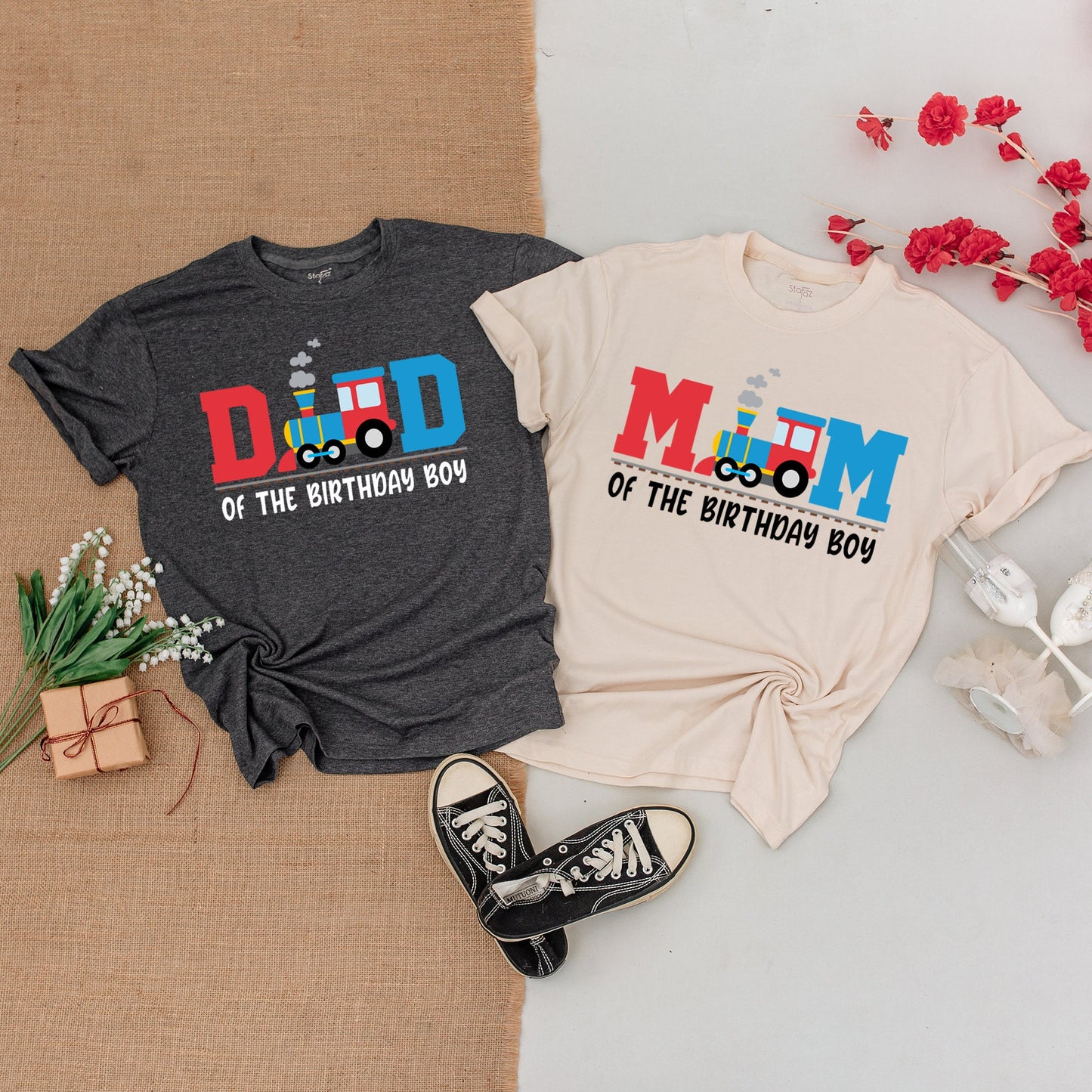 Personalized Matching Family Train Birthday Shirts Baby Boy Outfit Red Blue Cartoon Train Design First Year Celebration Gift