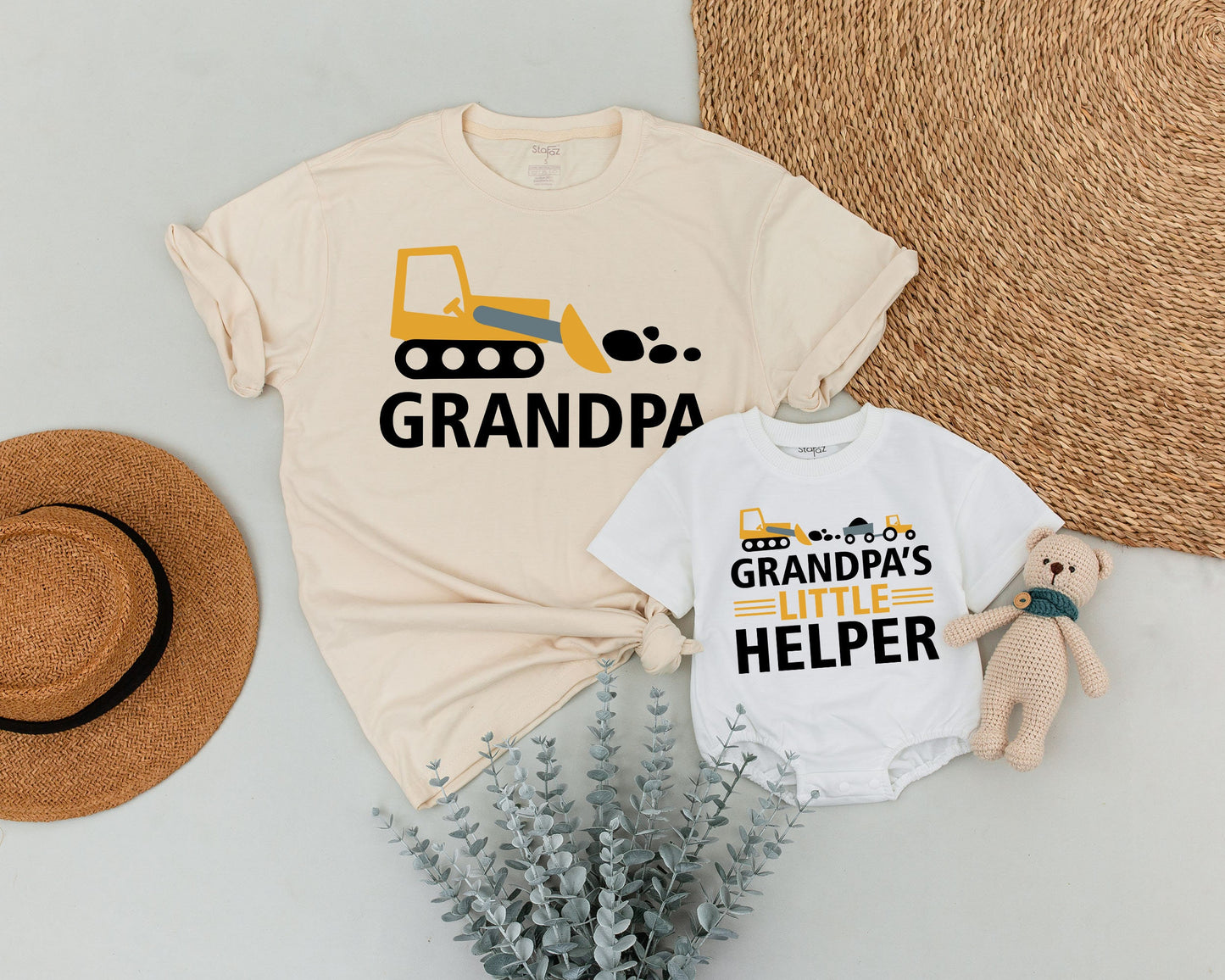 Grandpa & Me Matching Construction Shirts Bulldozer Design for Granddaughter Playful Yellow Black Graphic T-shirts New Grandpa Gift Fathers Day