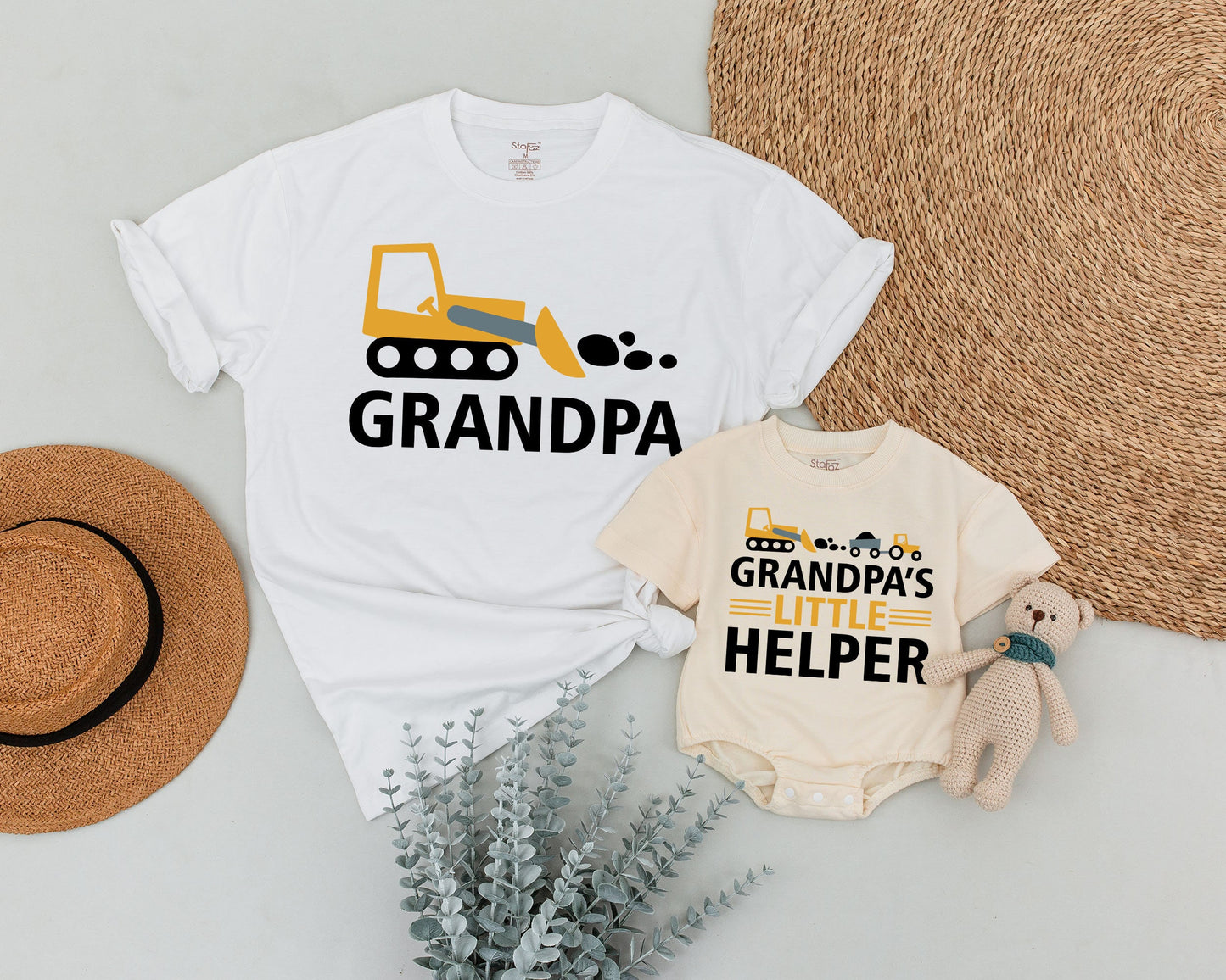 Grandpa & Me Matching Construction Shirts Bulldozer Design for Granddaughter Playful Yellow Black Graphic T-shirts New Grandpa Gift Fathers Day