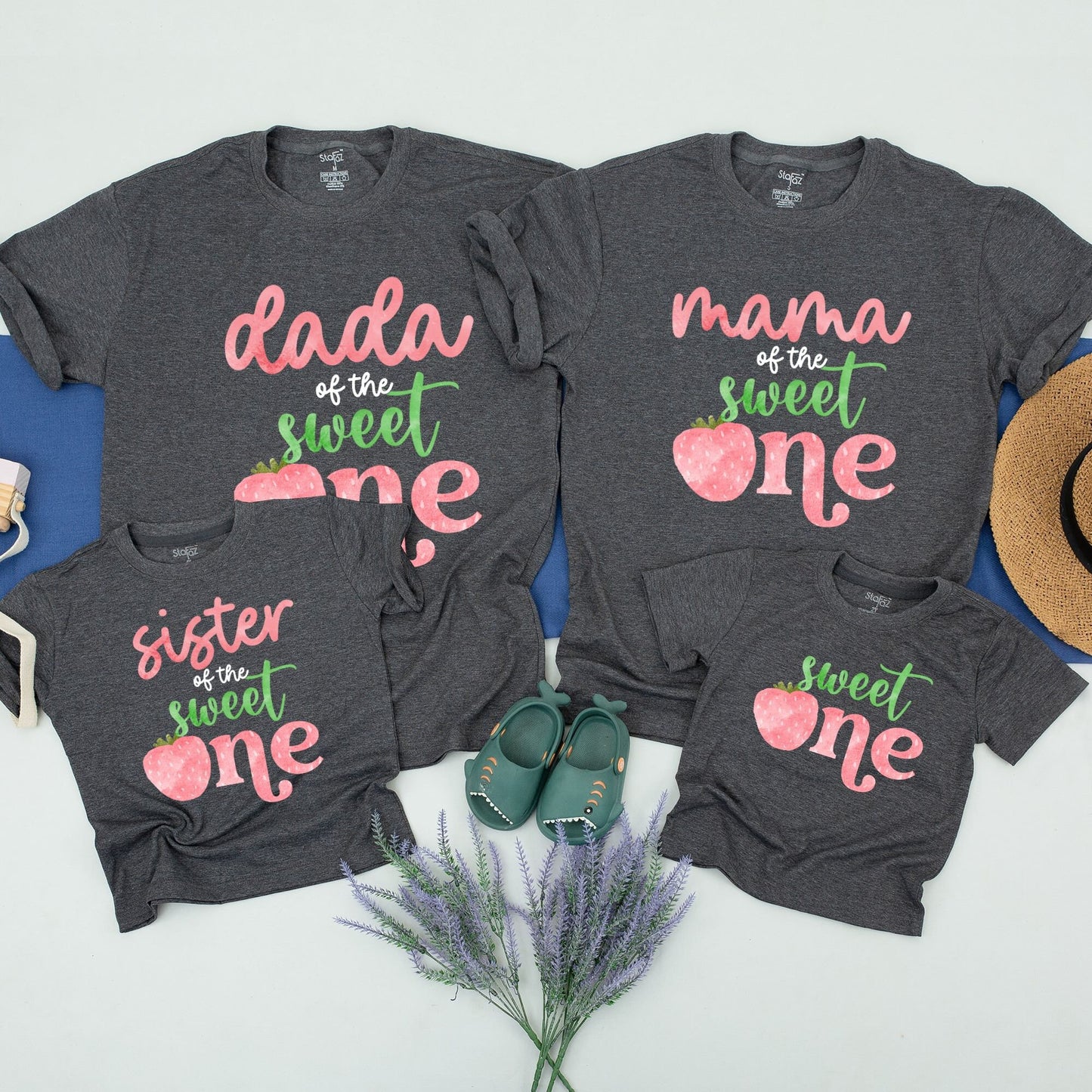 Berry First Birthday Family Matching Shirts Sweet One Strawberry Party Outfits for Baby Girl Boy Mama Daddy & Me Celebration Fun Pink Green Design