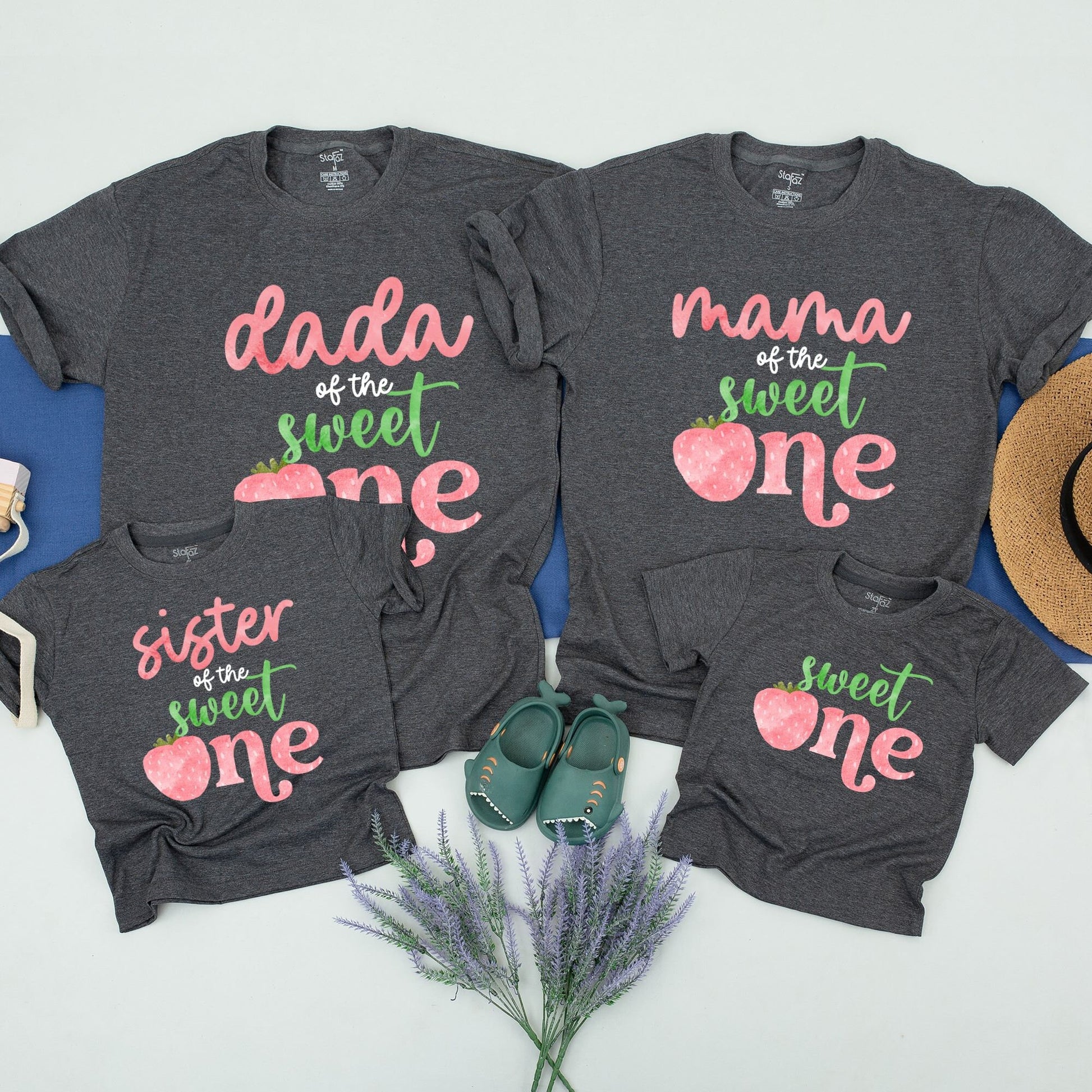 Berry First Birthday Family Matching Shirts Sweet One Strawberry Party Outfits for Baby Girl Boy Mama Daddy & Me Celebration Fun Pink Green Design