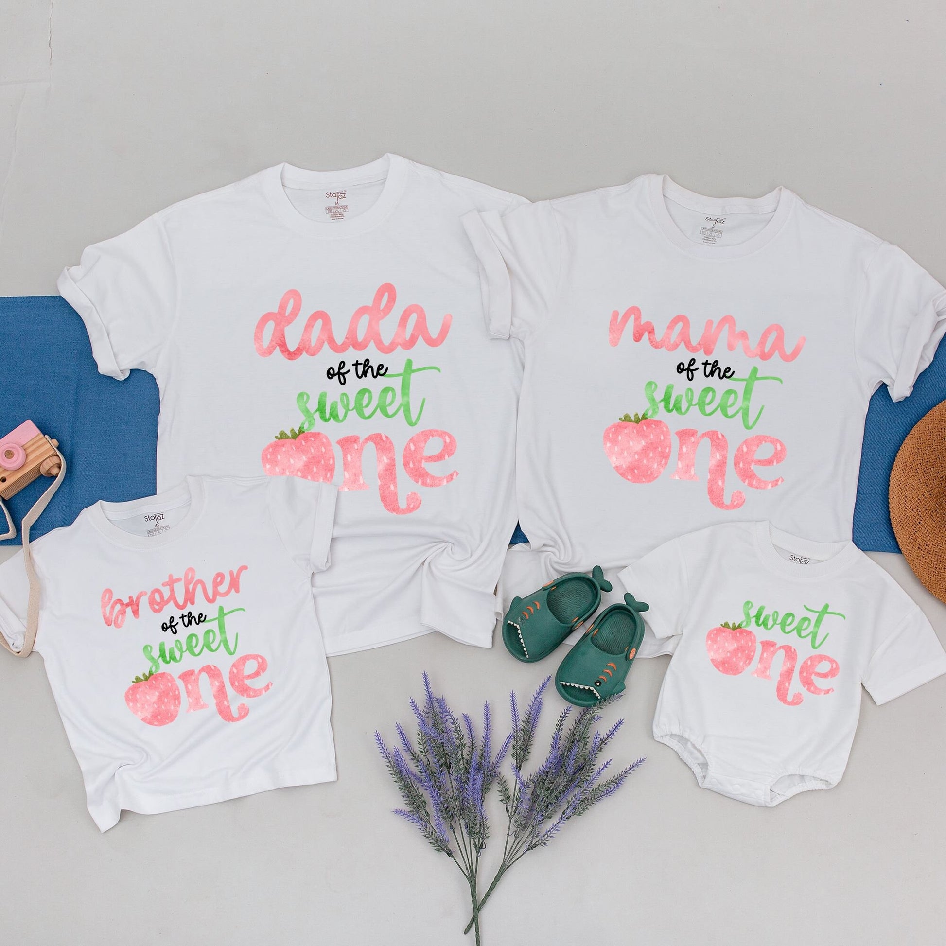 Berry First Birthday Family Matching Shirts Sweet One Strawberry Party Outfits for Baby Girl Boy Mama Daddy & Me Celebration Fun Pink Green Design