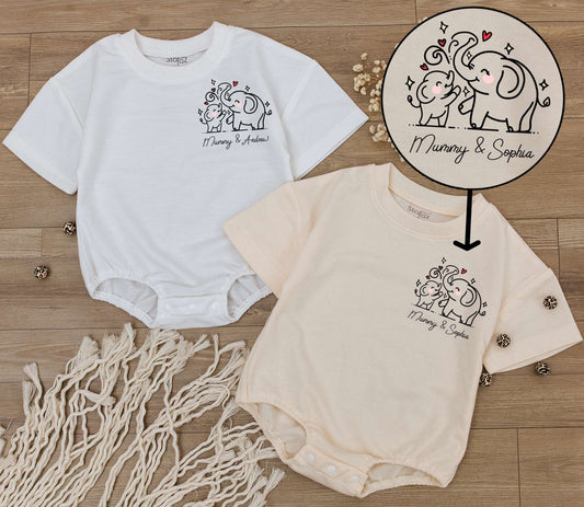Personalized Elephant Mommy and Me Baby Romper First Mother's Day Gift Custom Name Bodysuit New Mom Baby Shower Neutral Cotton