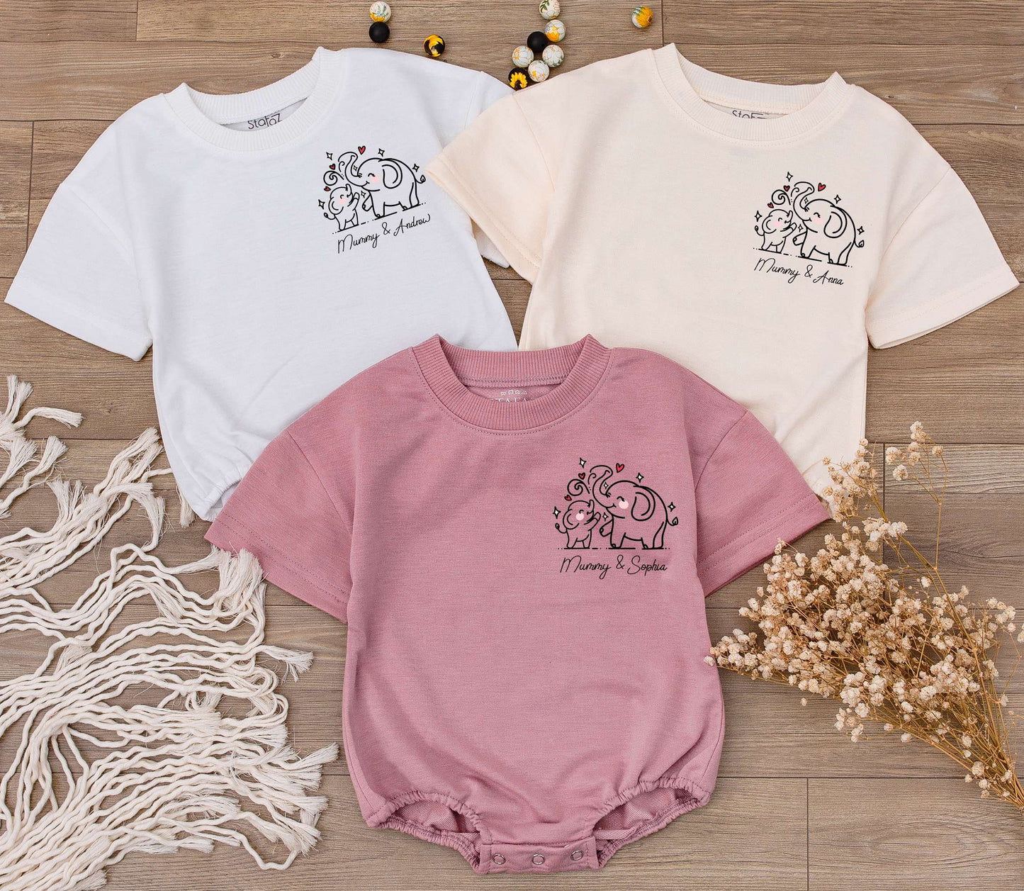 Personalized Elephant Mommy and Me Baby Romper First Mother's Day Gift Custom Name Bodysuit New Mom Baby Shower Neutral Cotton