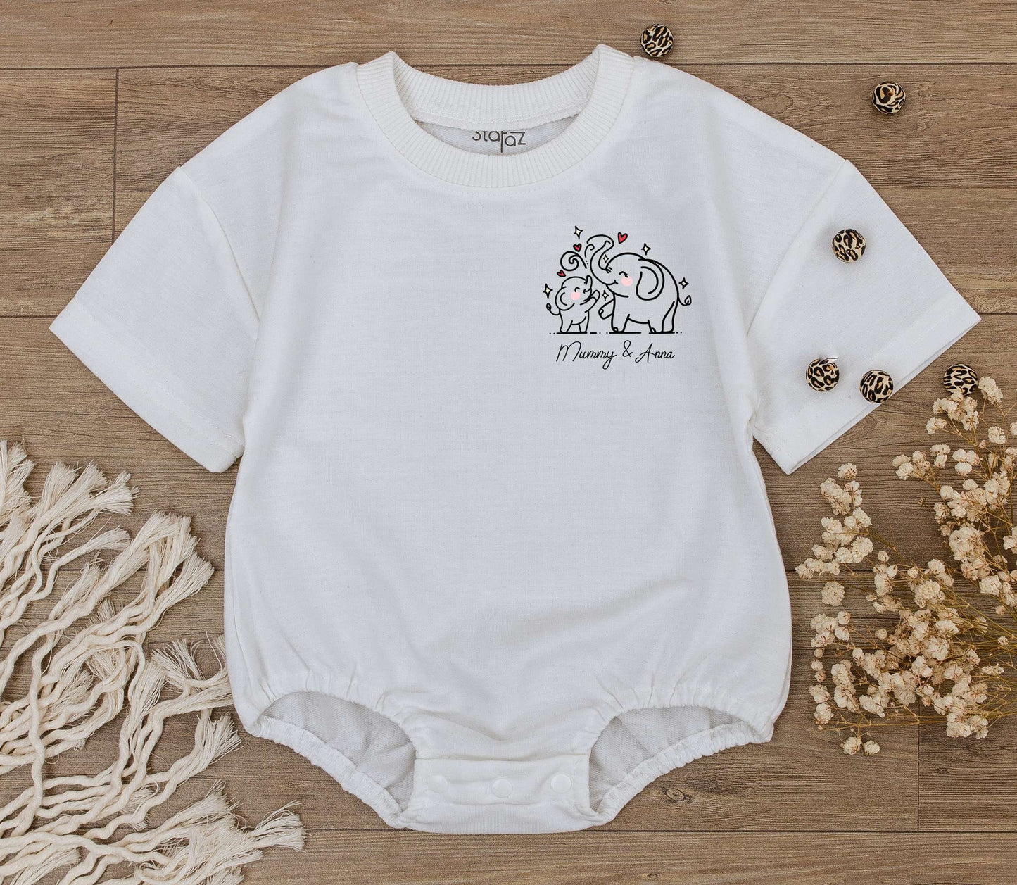 Personalized Elephant Mommy and Me Baby Romper First Mother's Day Gift Custom Name Bodysuit New Mom Baby Shower Neutral Cotton