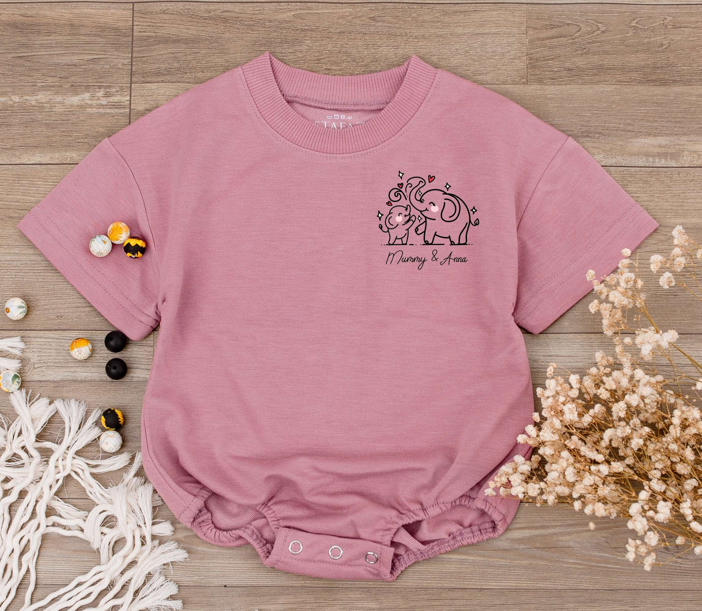Personalized Elephant Mommy and Me Baby Romper First Mother's Day Gift Custom Name Bodysuit New Mom Baby Shower Neutral Cotton