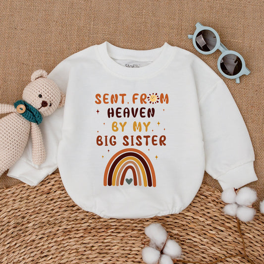 Sent From Heaven By My Big Sister Baby Romper Guardian Angel Bodysuit Whimsical Rainbow Sun Stars Newborn Coming Home Outfit Gift