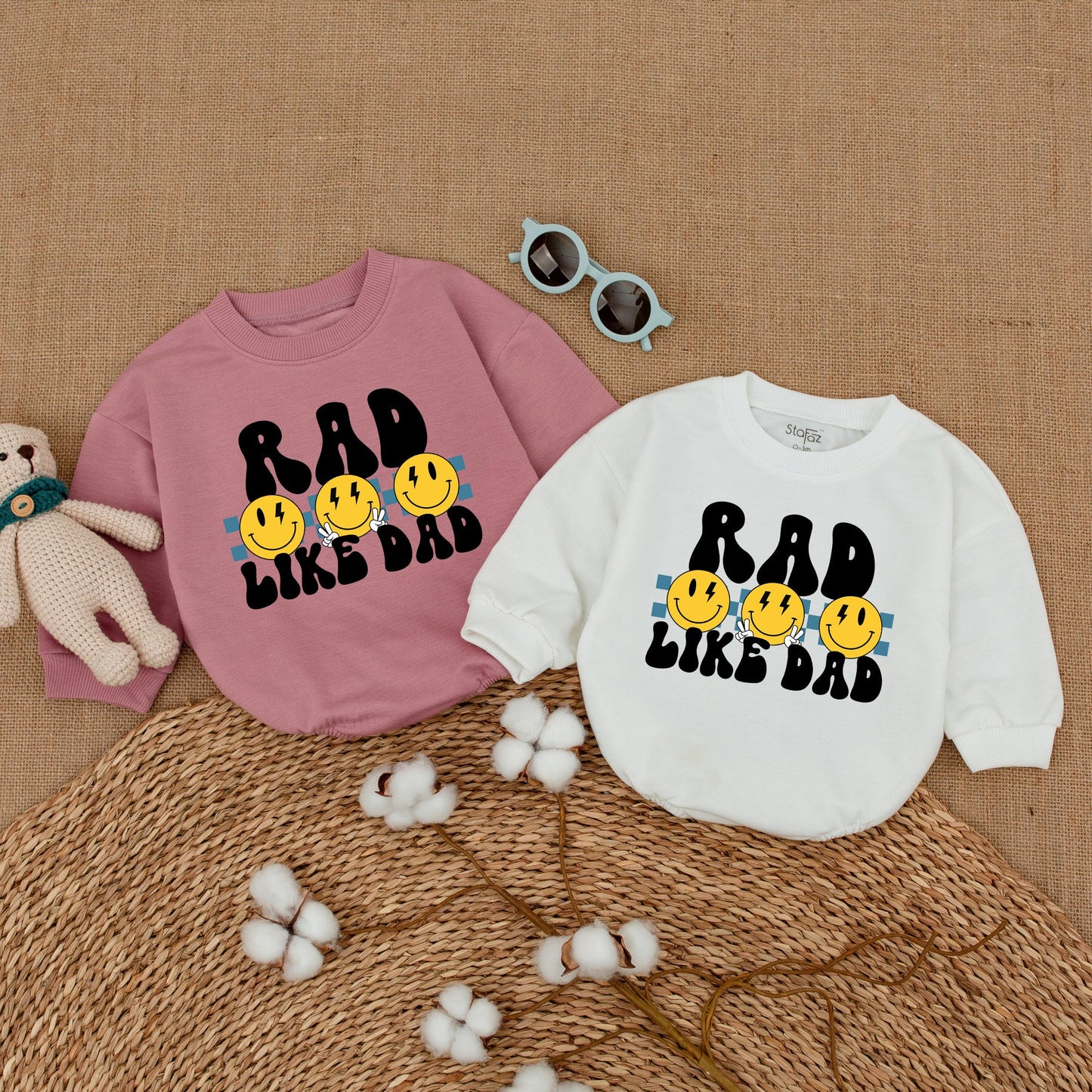 Rad Like Dad Baby Romper Funny Bodysuit Smiley Face Outfit Father's Day New Dad Gift Bubble Romper with Retro Lightning Eyes and Blue Stripes for Baby Boy