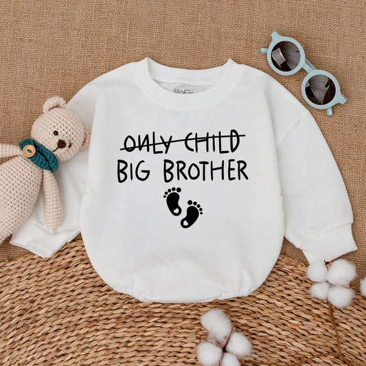 Only Child Crossed Out Big Brother Romper Baby Boy Pregnancy Announcement Newborn Bubble Bodysuit Footprint Design Gift