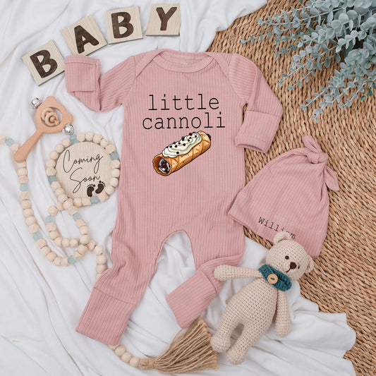 Little Cannoli Baby Bodysuit and Hat Set with Sweet Pastry Illustration Newborn Going Home Outfit Soft Cotton Unisex Baby Shower Gift Keepsake