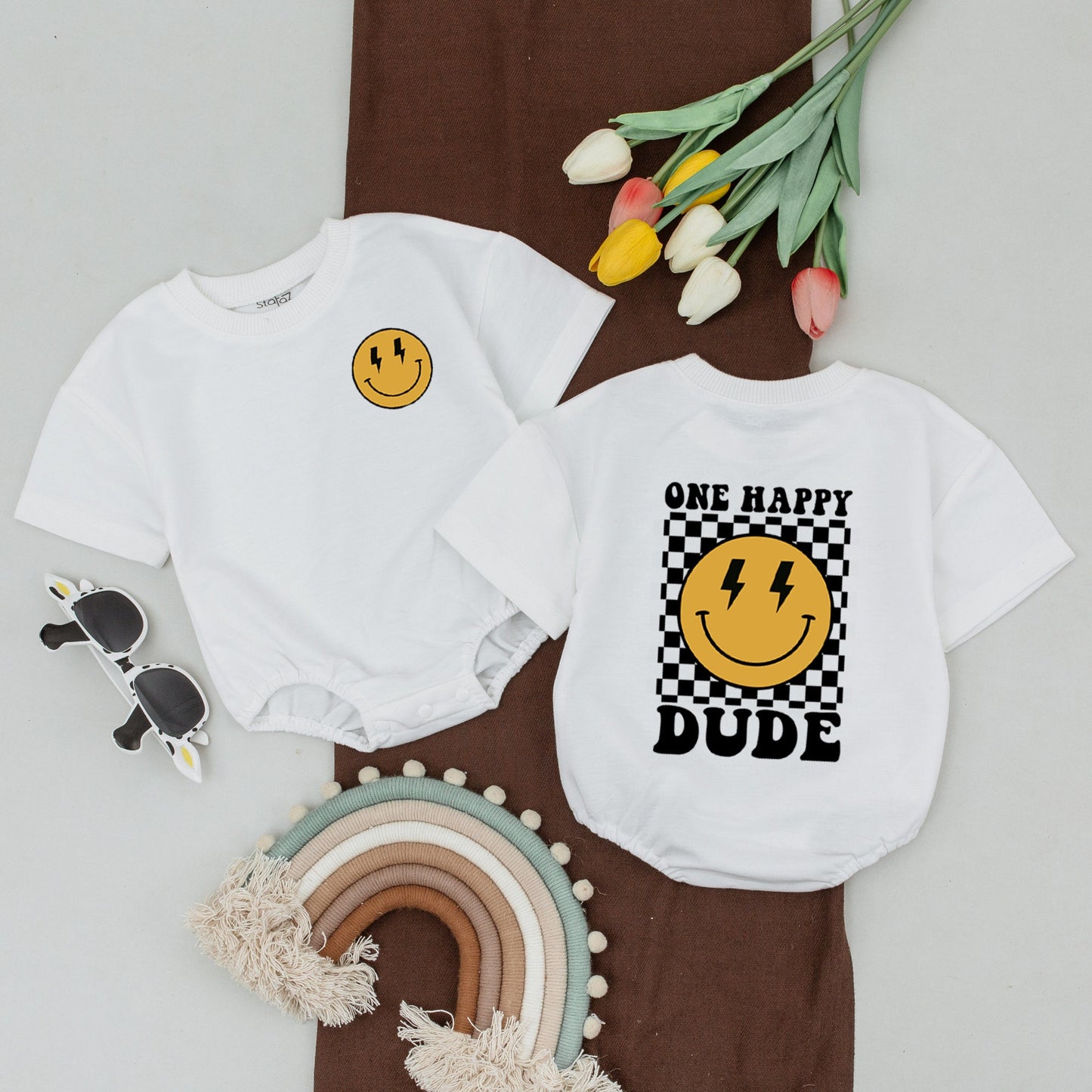 One Happy Dude Birthday Shirt Smiley Face Outfit Baby Boy First Birthday Family Matching Mommy and Me Cotton Casual Party Celebration Clothes