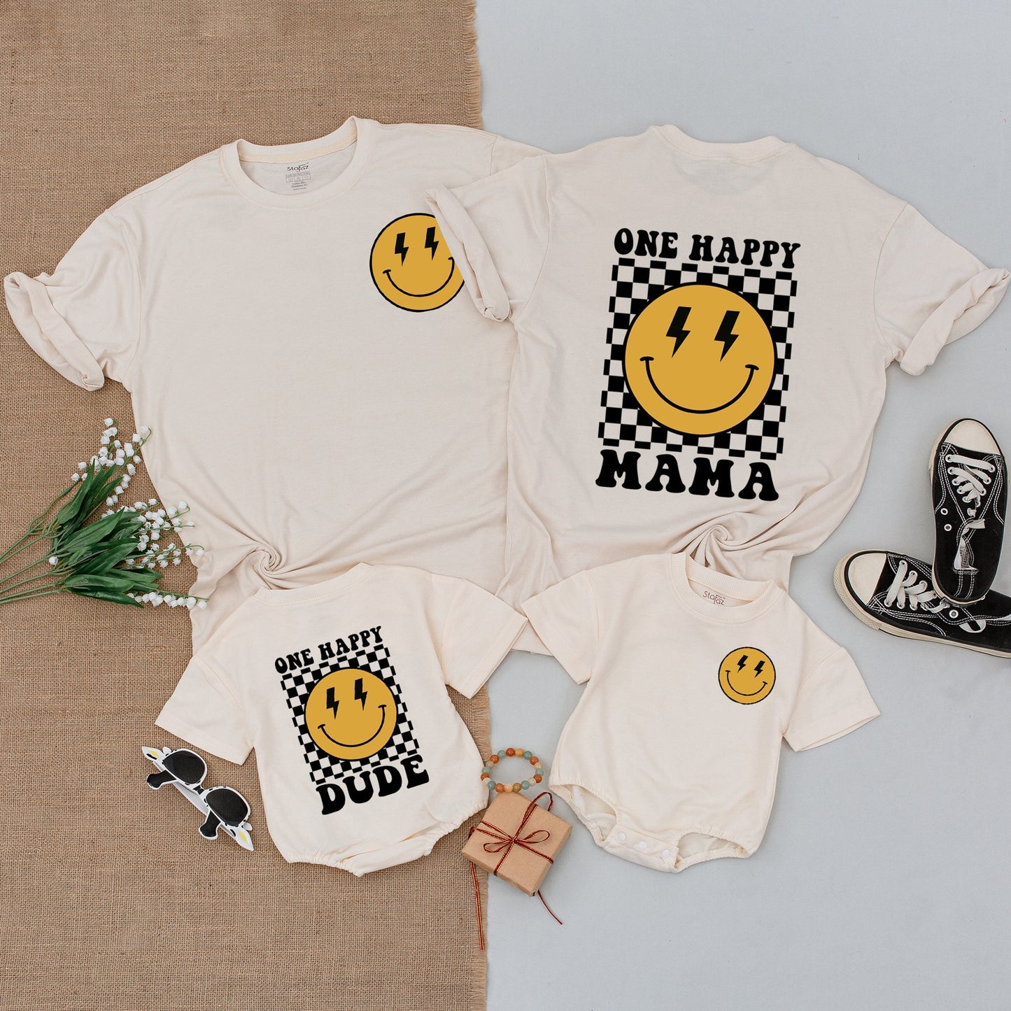 One Happy Dude Birthday Shirt Smiley Face Outfit Baby Boy First Birthday Family Matching Mommy and Me Cotton Casual Party Celebration Clothes