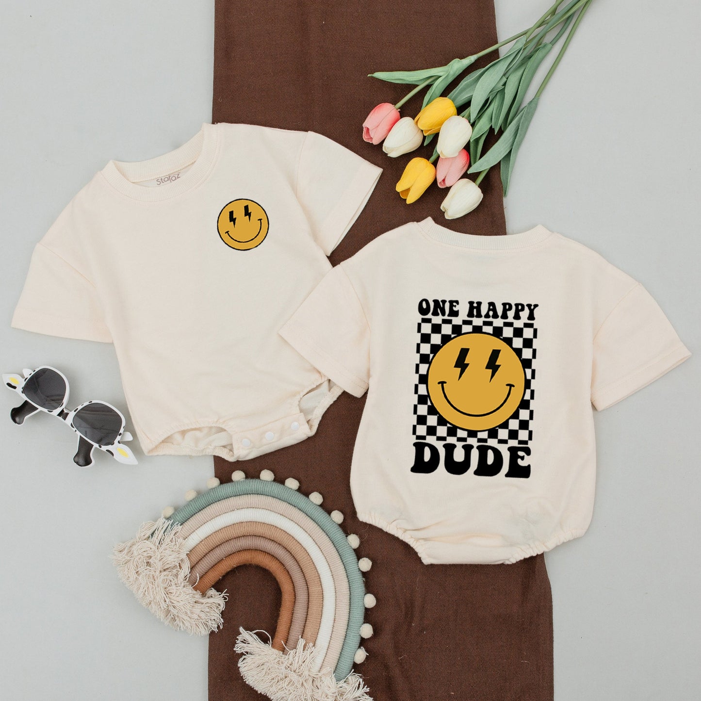One Happy Dude Birthday Shirt Smiley Face Outfit Baby Boy First Birthday Family Matching Mommy and Me Cotton Casual Party Celebration Clothes