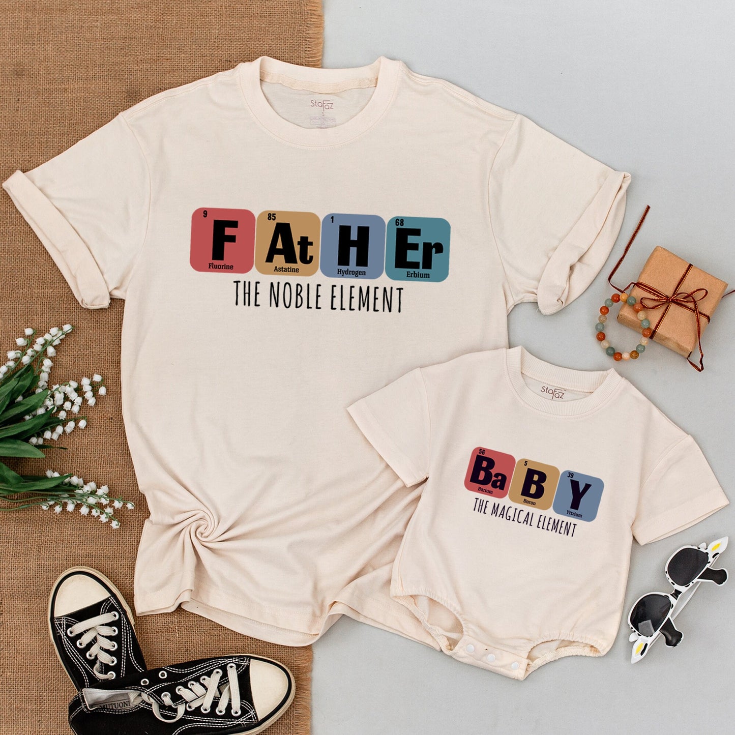Periodic Table Family Matching Shirts Science Elements Outfits featuring Father Mother Brother Baby Designs and Noble Essential Magical Elements