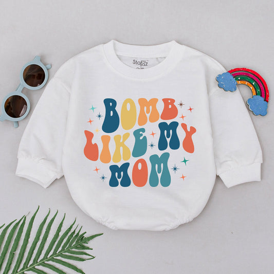 Retro Bomb Like My Mom Groovy Romper for Baby Girls Vintage Style Multicolored Starburst Newborn Baby Shower Gift Mommy Daughter Outfits