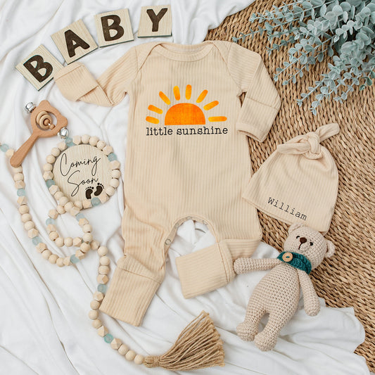 Sweet Little Sunshine Baby Bodysuit and Hat Set Bright Orange Sun Graphic Infant Girl Unisex Baby Shower Gift Coming Home Outfit Soft Keepsake