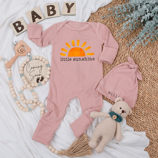 Sweet Little Sunshine Baby Bodysuit and Hat Set Bright Orange Sun Graphic Infant Girl Unisex Baby Shower Gift Coming Home Outfit Soft Keepsake