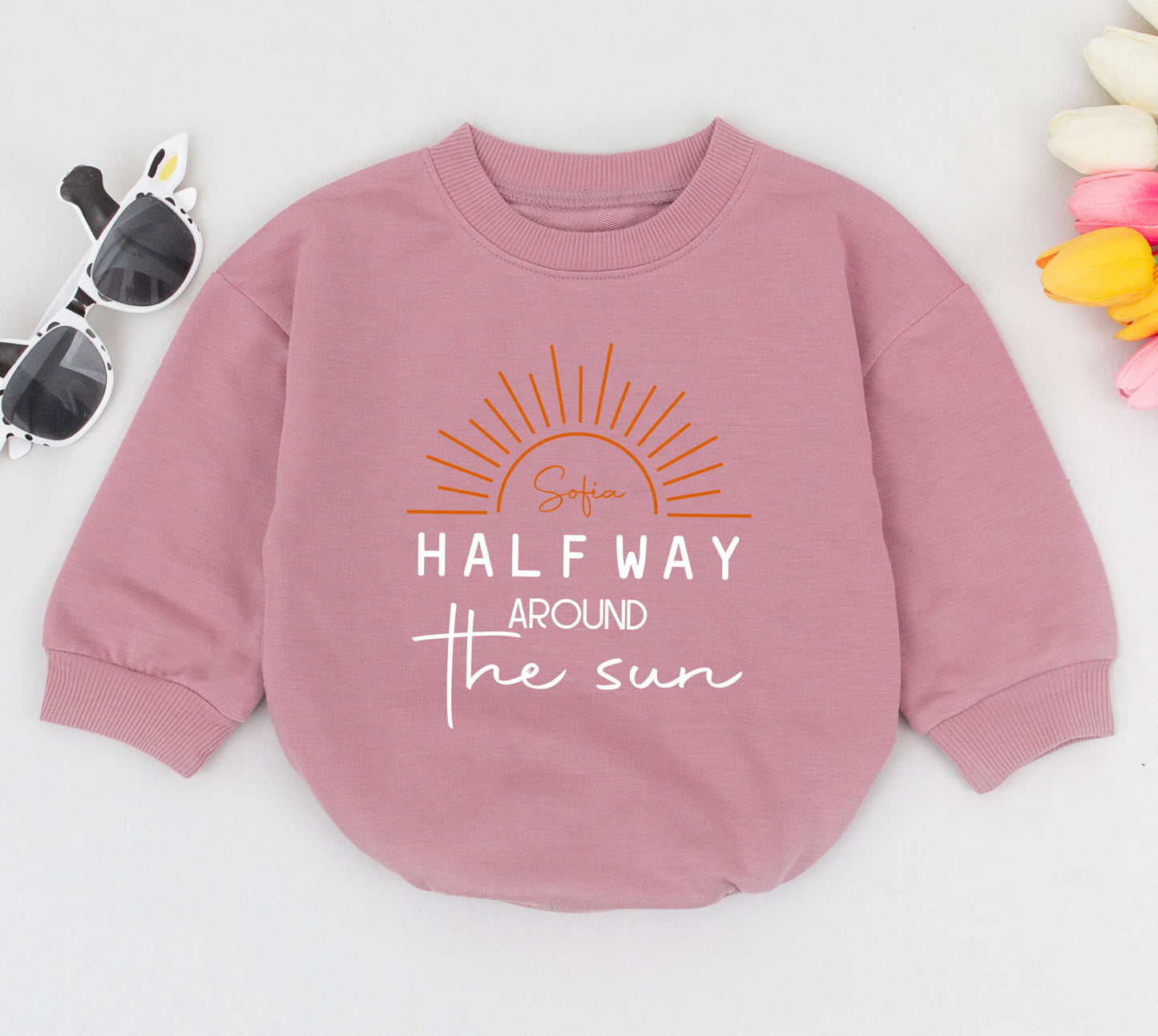 Half Way To One Romper Birthday Outfit Baby Girl or Boy 1/2 Birthday Bodysuit Six Months Milestone Gift Around The Sun Clothes Bell Bottoms Cute Party