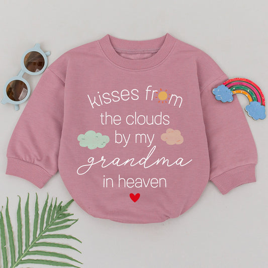 Kisses From The Clouds By My Grandma In Heaven Romper Sweet Sentimental Baby Outfit Newborn Gift Memorial Cloud Sun Heart Design Coming Home Bodysuit