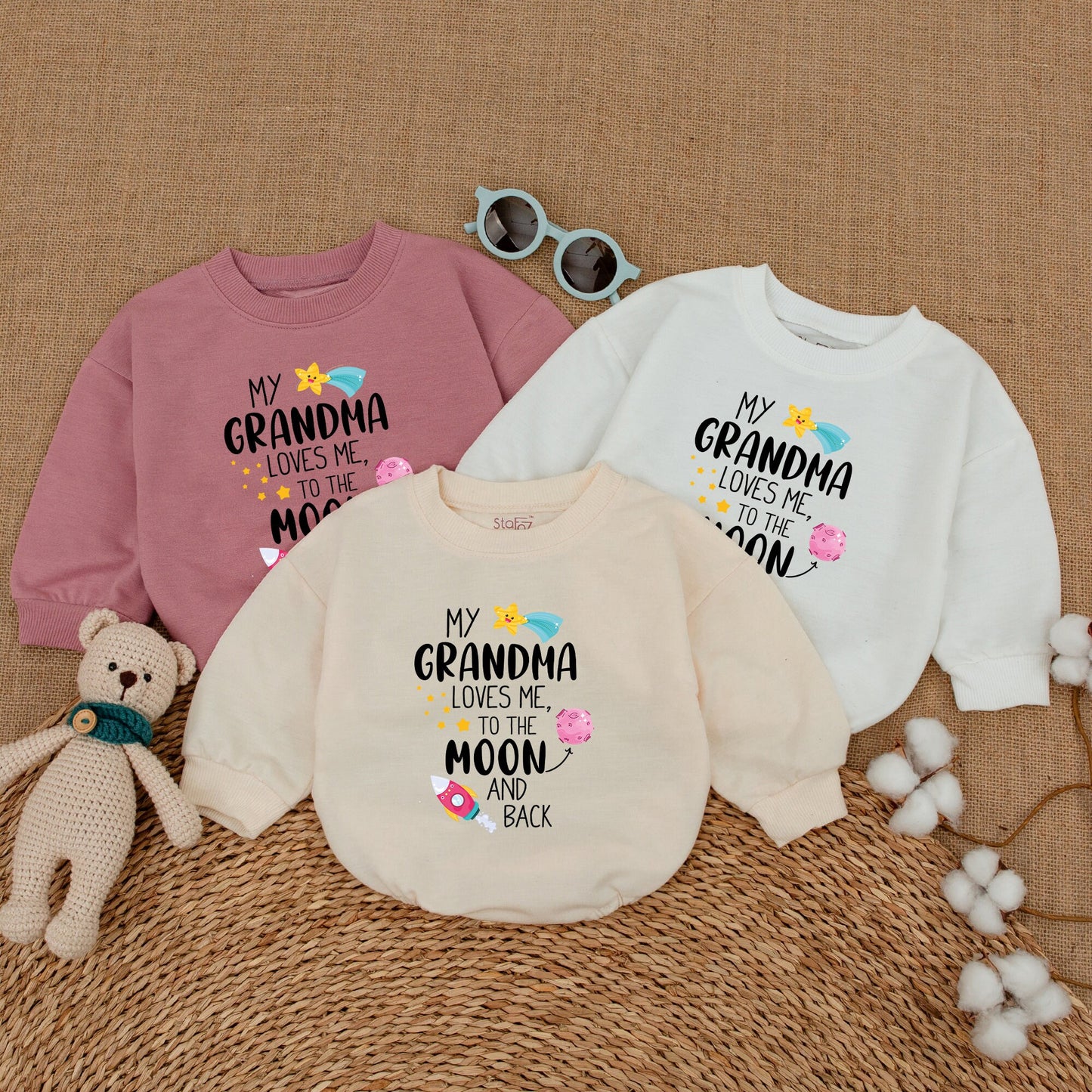 My Grandma Loves Me to the Moon & Back Baby Romper Bodysuit First Grandchild Pregnancy Reveal Gift Whimsical Celestial Stars Rocket Planet Design Soft Cotton Outfit.