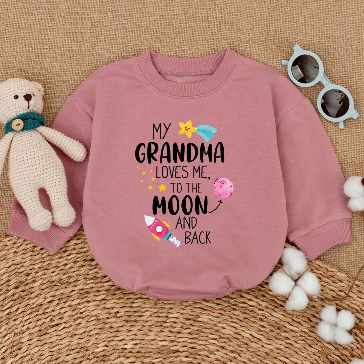 My Grandma Loves Me to the Moon & Back Baby Romper Bodysuit First Grandchild Pregnancy Reveal Gift Whimsical Celestial Stars Rocket Planet Design Soft Cotton Outfit.