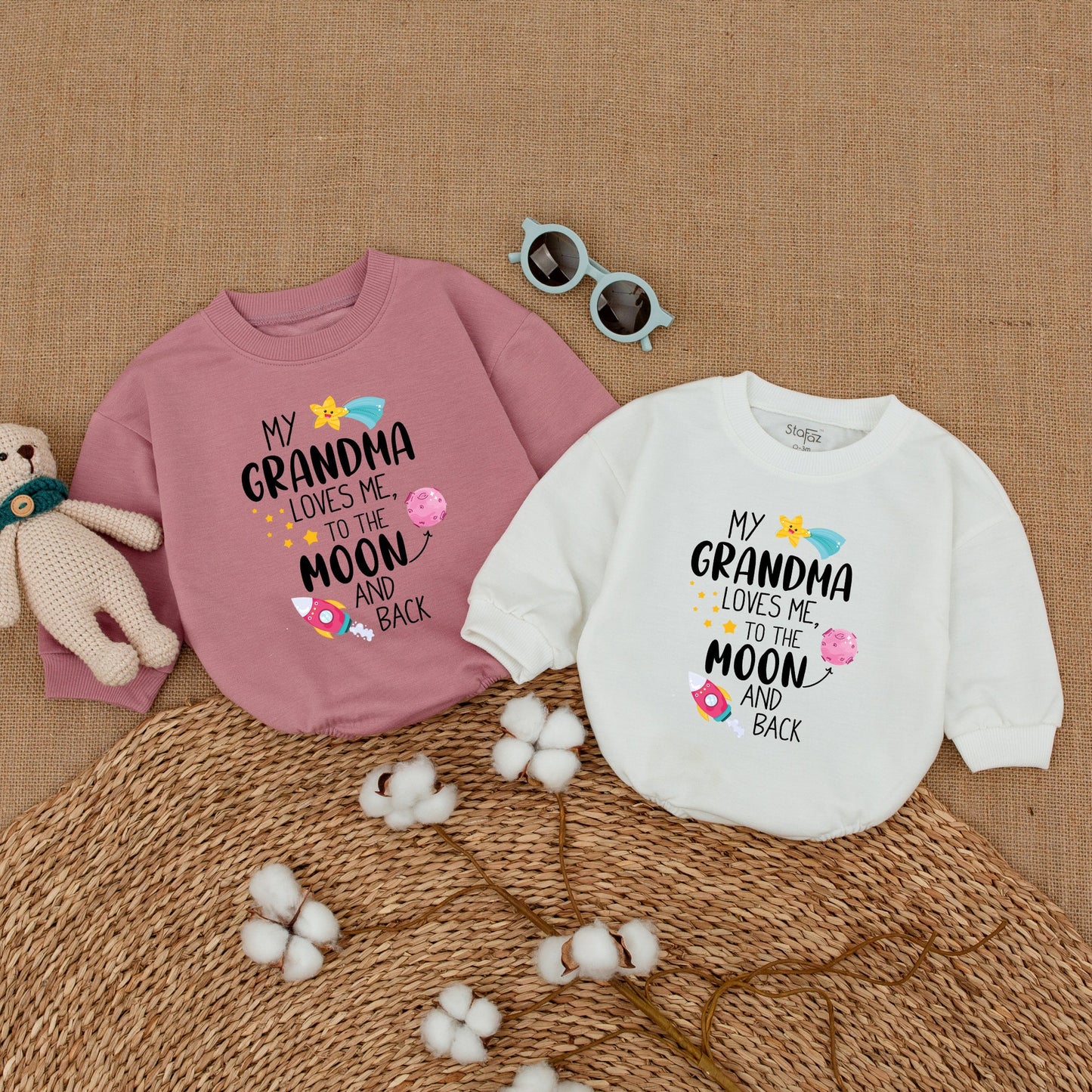 My Grandma Loves Me to the Moon & Back Baby Romper Bodysuit First Grandchild Pregnancy Reveal Gift Whimsical Celestial Stars Rocket Planet Design Soft Cotton Outfit.