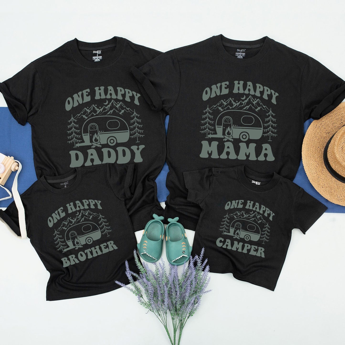 One Happy Camper First Birthday T-Shirt Matching Family Outfit for Toddler Boy Girl Muted Green Mountains Stars Cute Outdoorsy Camping Theme