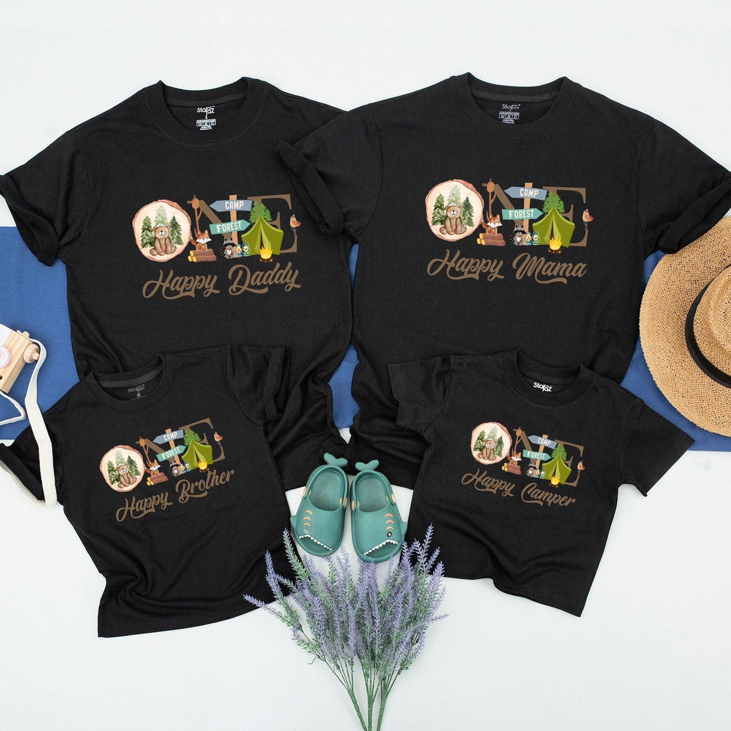 One Happy Camper First Birthday Shirt Matching Family Camping Outfit Wood Slice Bear Tent Forest Adventure Tee for Mommy Daddy Brother