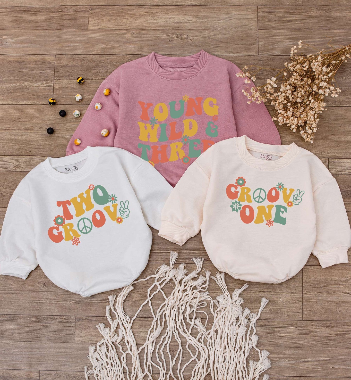 Groovy One Two Birthday Baby Bodysuit Toddler Tee 70s Retro Kids Outfit First Fifth Party Gift Orange Yellow Green Floral Peace Sign