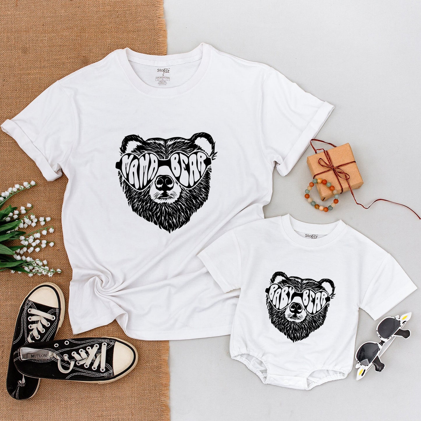 Personalized Family Bear Matching Shirts featuring Distressed Sunglass Bear High Contrast Monochrome Design Mama Papa Baby Bear Camping