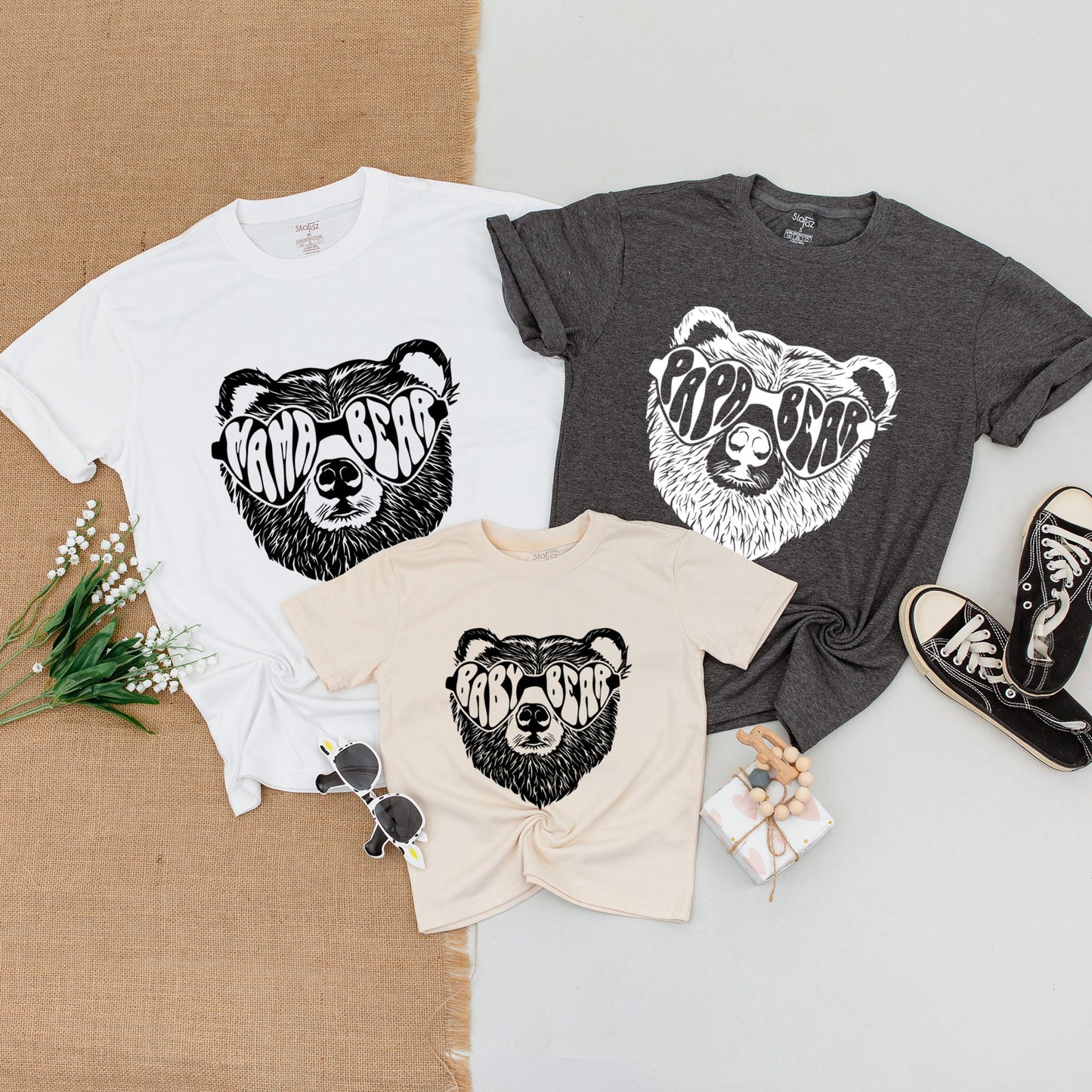 Personalized Family Bear Matching Shirts featuring Distressed Sunglass Bear High Contrast Monochrome Design Mama Papa Baby Bear Camping